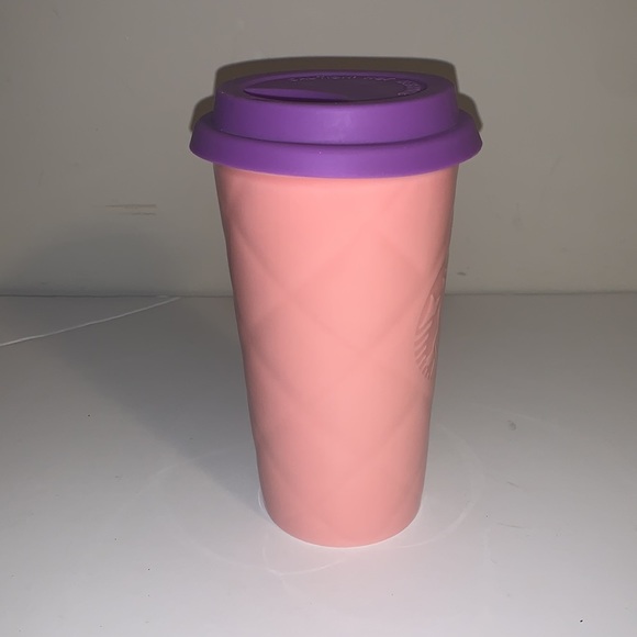 Starbucks Pink Textured Ceramic To Go Cup with Purple Silicone Lid - Picture 3 of 7